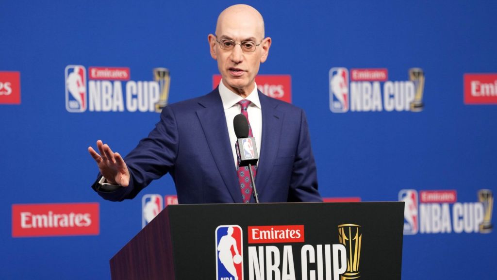 Dec 16, 2025; Las Vegas, Nevada, USA; NBA commissioner Adam Silver speaks during press conference at the Emirates NBA Cup Final at T-Mobile Arena. Mandatory Credit: Kirby Lee-Imagn Images