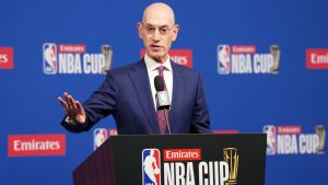 Dec 16, 2025; Las Vegas, Nevada, USA; NBA commissioner Adam Silver speaks during press conference at the Emirates NBA Cup Final at T-Mobile Arena. Mandatory Credit: Kirby Lee-Imagn Images