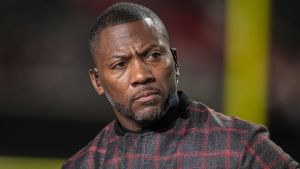 Dec 29, 2025; Atlanta, Georgia, USA; ESPN MNF broadcaster Ryan Clark shown on set prior to the game between the Los Angeles Rams against the Atlanta Falcons at Mercedes-Benz Stadium. Mandatory Credit: Dale Zanine-Imagn Images
