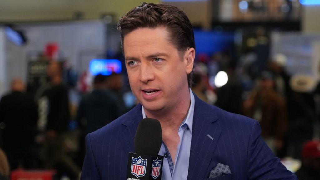 Feb 4, 2026; San Francisco, CA, USA; Tom Pelissero on the NFL Network set at the Super Bowl LX media center at the Moscone Center. Mandatory Credit: Kirby Lee-Imagn Images