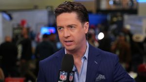 Feb 4, 2026; San Francisco, CA, USA; Tom Pelissero on the NFL Network set at the Super Bowl LX media center at the Moscone Center. Mandatory Credit: Kirby Lee-Imagn Images