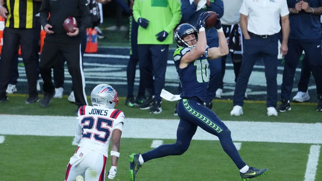 Feb 8, 2026; Santa Clara, CA, USA; Seattle Seahawks wide receiver Cooper Kupp (10) catches a pass against New England Patriots cornerback Marcus Jones (25) in the first half in Super Bowl LX at Levi's Stadium.