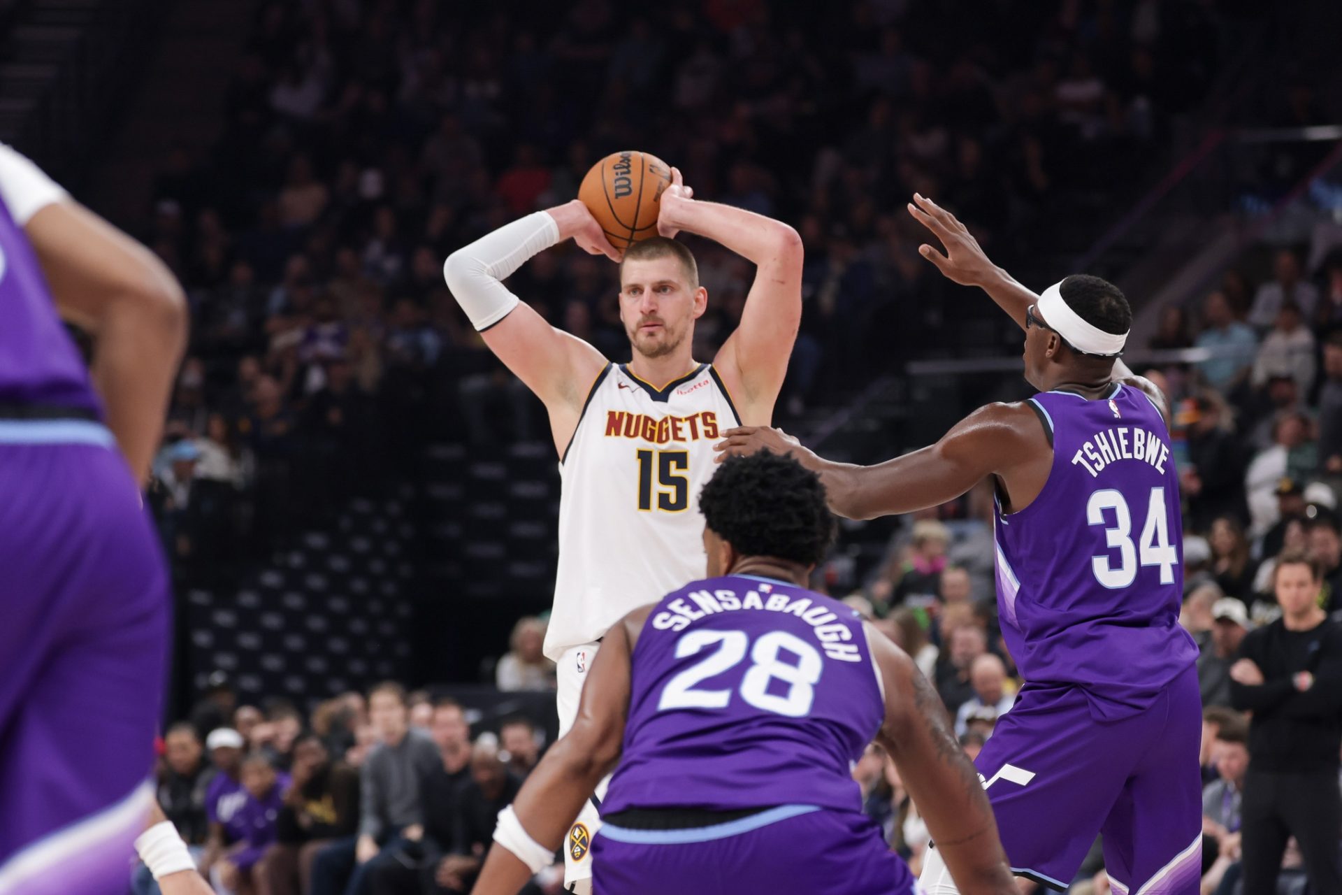 Apr 1, 2026; Salt Lake City, Utah, USA; Denver Nuggets center Nikola Jokić (15) looks to pass the ball during the second half against the Utah Jazz at Delta Center.