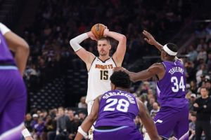 Apr 1, 2026; Salt Lake City, Utah, USA; Denver Nuggets center Nikola Jokić (15) looks to pass the ball during the second half against the Utah Jazz at Delta Center.
