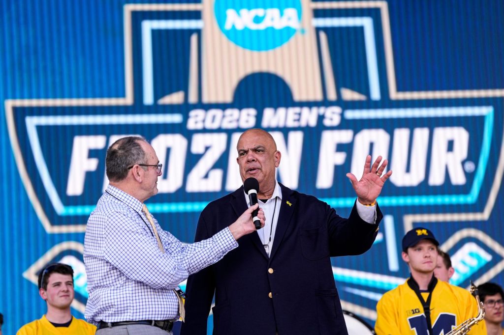Michigan athletic director Warde Manuel speaks before the Frozen Four semifinals at T-Mobile Arena in Las Vegas on Thursday, April 9, 2026