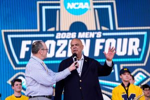 Michigan athletic director Warde Manuel speaks before the Frozen Four semifinals at T-Mobile Arena in Las Vegas on Thursday, April 9, 2026