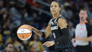 May 27, 2026; Chicago, Illinois, USA; Chicago Sky guard Natasha Cloud (9) brings the ball up court against the Toronto Tempo during the first half at Wintrust Arena. Mandatory Credit: Kamil Krzaczynski-Imagn Images