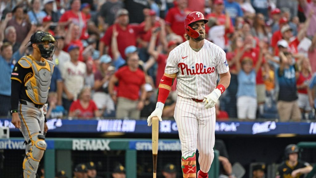 Jun 29, 2026; Philadelphia, Pennsylvania, USA; Philadelphia Phillies first baseman Bryce Harper (3) watches his home run against the Pittsburgh Pirates during the third inning at Citizens Bank Park.