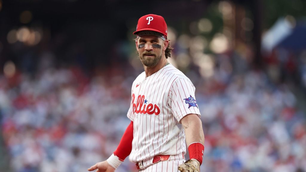 Jul 1, 2026; Philadelphia, Pennsylvania, USA; Philadelphia Phillies first baseman Bryce Harper (3) reacts before the fourth inning at Citizens Bank Park.