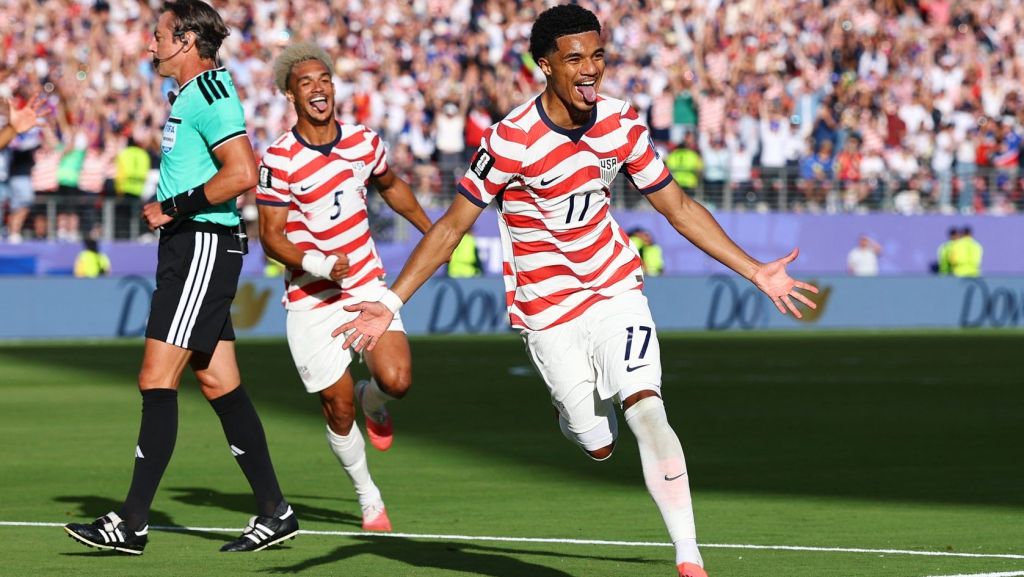 July 1, 2026; Santa Clara, California, U.S.; Malik Tillman of the U.S. celebrates scoring their second goal. Mandatory Credit: Carlos Barria-Reuters via Imagn Images