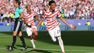 July 1, 2026; Santa Clara, California, U.S.; Malik Tillman of the U.S. celebrates scoring their second goal. Mandatory Credit: Carlos Barria-Reuters via Imagn Images