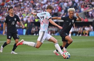 July 6, 2026; Seattle, Washington, U.S.; Belgium's Charles De Ketelaere in action with Antonee Robinson of the U.S.