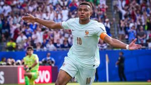 July 9, 2026; Foxborough, Massachusetts, U.S.; France's Kylian Mbappe celebrates scoring their first goal. Mandatory Credit: David Butler Ii-Imagn Images