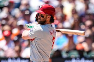 Philadelphia Phillies first baseman Bryce Harper (3) bats against Detroit Tigers during the first inning at Comerica Park in Detroit on Sunday, July 12, 2026.