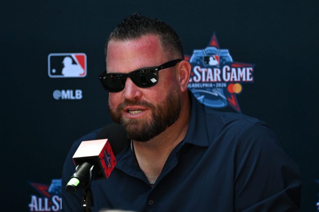 Jul 13, 2026; Philadelphia, PA, USA; Toronto Blue Jays manager John Schneider speaks at the conference before the Home Run Derby at Citizens Bank Park.