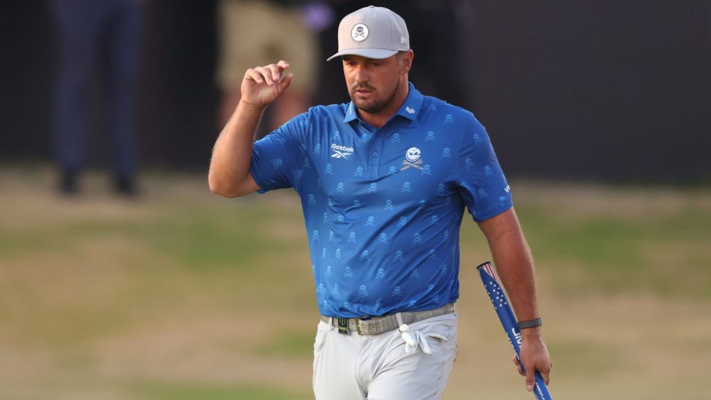 Jul 17, 2026; Southport, ENG; Bryson DeChambeau reacts after making a birdie on the 18th hole during the second round of The Open Championship golf tournament at Royal Birkdale. Mandatory Credit: Bill Streicher-Imagn Images