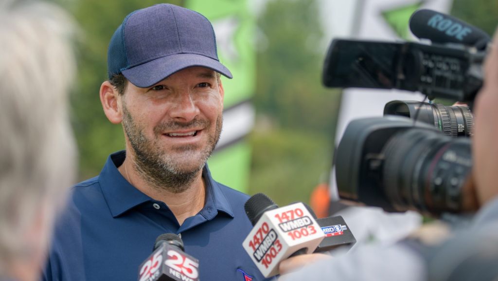 CBS sportscaster and former NFL quarterback Tony Romo chats with the media Tuesday, June 27, 2023 during the OSF Children's Hospital of Illinois Championship & Pro-Am at Metamora Fields Golf Club.