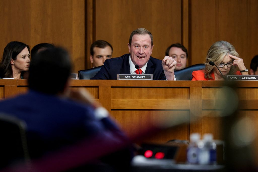 U.S. Senator Eric Schmitt (R-MO) questions FBI Director Kash Patel as he testifies before a Senate Judiciary Committee hearing on oversight of the Federal Bureau of Investigation, on Capitol Hill in Washington, D.C., U.S., September 16, 2025.