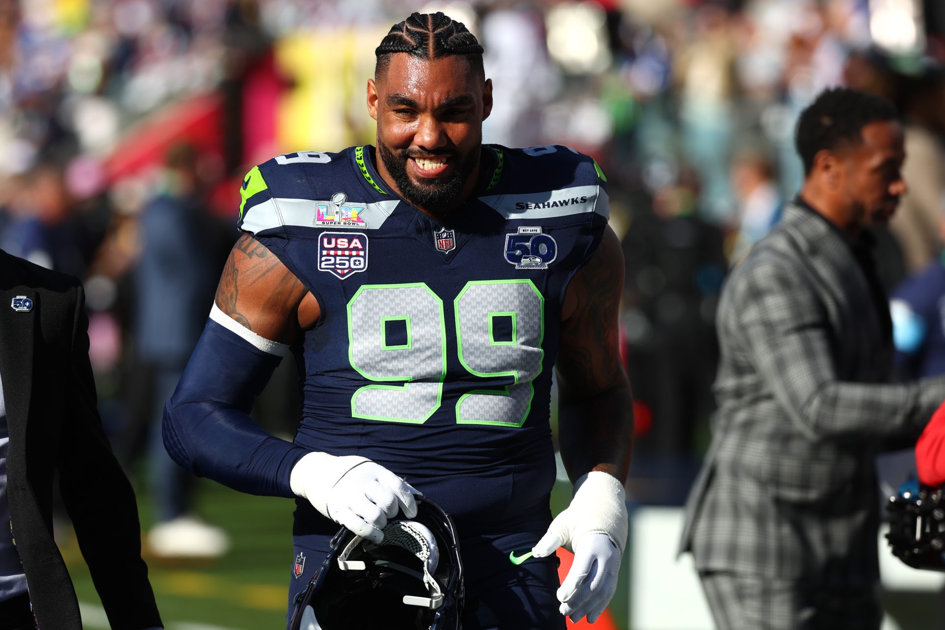 Feb 8, 2026; Santa Clara, CA, USA; Seattle Seahawks defensive end Leonard Williams (99) looks on before Super Bowl LX against the New England Patriots at Levi's Stadium.