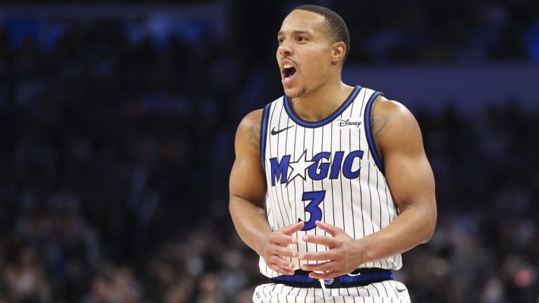 Mar 21, 2026; Orlando, Florida, USA; Orlando Magic guard Desmond Bane (3) reacts after a play against the Los Angeles Lakers in the fourth quarter at Kia Center. Mandatory Credit: Nathan Ray Seebeck-Imagn Images