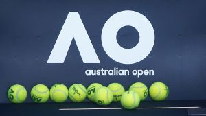 Tennis - Australian Open - Melbourne, Australia, January 14, 2018. Tennis balls are pictured in front of the Australian Open logo before the tennis tournament. REUTERS/Thomas Peter