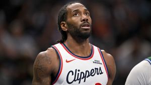 Mar 21, 2026; Dallas, Texas, USA; LA Clippers forward Kawhi Leonard (2) looks on during the game between the Mavericks and the Clippers at American Airlines Center. Mandatory Credit: Jerome Miron-Imagn Images