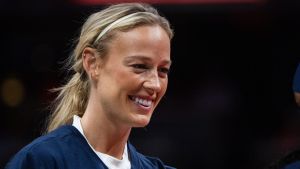 Jul 15, 2026; Indianapolis, Indiana, USA; Indiana Fever guard Sophie Cunningham (8) before the game against the Golden State Valkyries at Gainbridge Fieldhouse. Mandatory Credit: Trevor Ruszkowski-Imagn Images