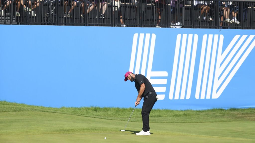 Aug 23, 2026; Westfield, Indiana, USA; Jon Rahm puts the ball on hole 12 during the final round of the LIV Golf Indianapolis golf tournament at The Club at Chatham Hills. Mandatory Credit: Jerod Ringwald-Imagn Images