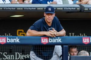 Sep 5, 2026; San Diego, California, USA; New York Yankees Aaron Judge (99) watches play during the fifth inning against the San Diego Padres.