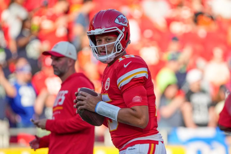 Aug 28, 2026; Kansas City, Missouri, USA; Kansas City Chiefs quarterback Patrick Mahomes (15) warms up against the Seattle Seahawks prior to a game at Arrowhead Stadium.