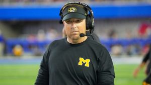 Sep 11, 2026; Lawrence, Kansas, USA; Missouri Tigers head coach Eli Drinkwitz on the sidelines against the Kansas Jayhawks during the second half of the game at David Booth Kansas Memorial Stadium